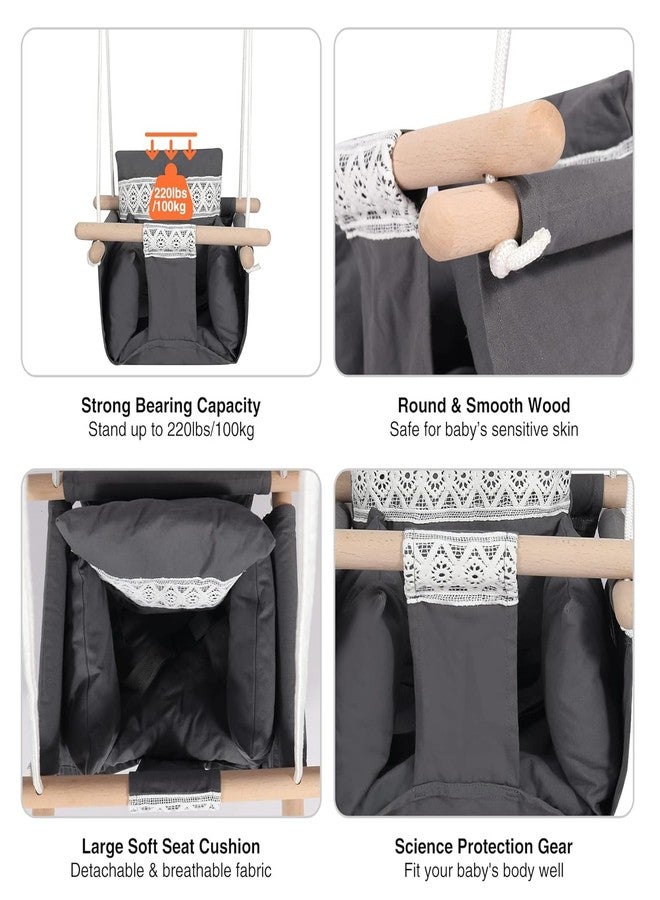 BLURISM Canvas Baby Swing Seat, Wooden Toddler Swing Indoor with Safety Belt, Hanging Indoor Swing for Kids, Baby Hammock Swing for Outdoor Backyard, Dark Gray with Lace - Image 4